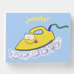 Funny cartoon iron laundry illustration wooden box sign