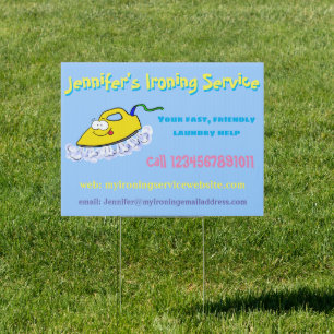 Funny cartoon ironing laundry service sign