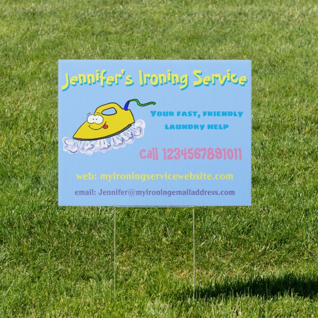 Funny cartoon ironing laundry service sign (Insitu)