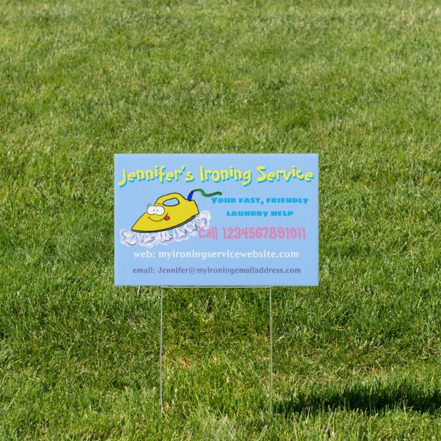 Funny cartoon ironing laundry service sign (Insitu)