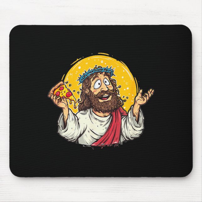 Funny Cartoon Jesus Christ With Pizza Slice Costum Mouse Pad (Front)