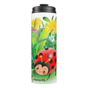 funny cartoon ladybug among summer flowers thermal tumbler