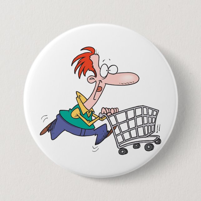 Funny Cartoon Man Running With Shopping Cart Button (Front)
