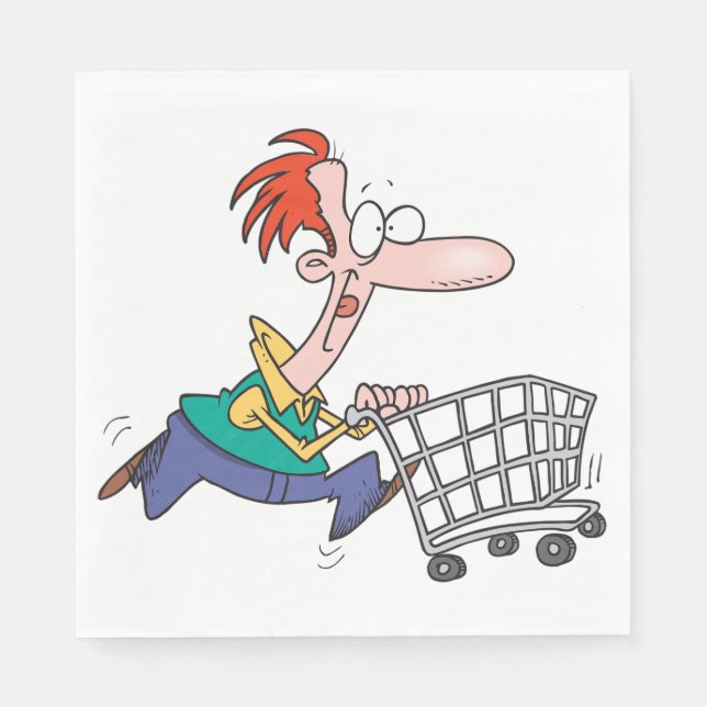 Funny Cartoon Man Running With Shopping Cart Napkins (Front)