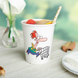 Funny Cartoon Man Running With Shopping Cart Paper Cups