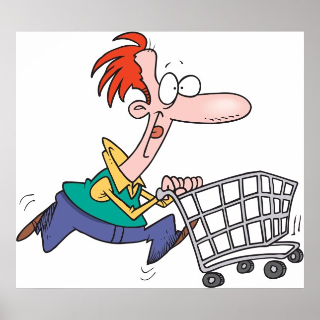 Funny Cartoon Man Running With Shopping Cart Poster (Front)