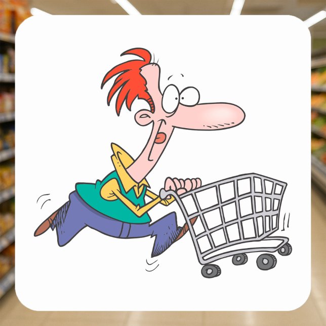 Funny Cartoon Man Running With Shopping Cart Square Sticker (Creator Uploaded)