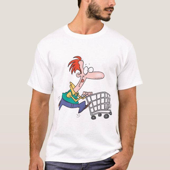 Funny Cartoon Man Running With Shopping Cart T-Shirt (Front)