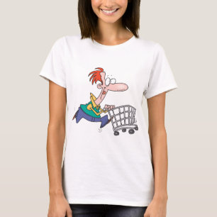 Funny Cartoon Man Running With Shopping Cart T-Shirt