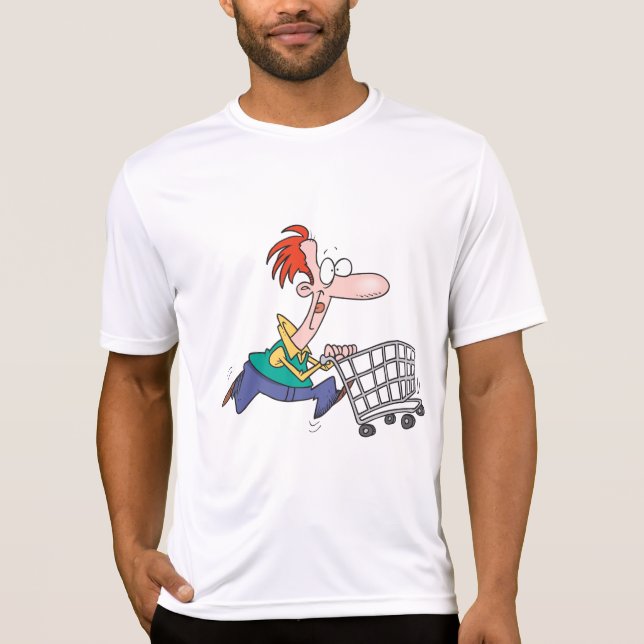 Funny Cartoon Man Running With Shopping Cart T-Shirt (Front)