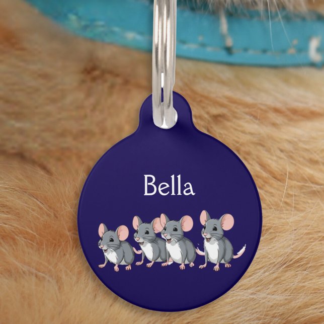 Funny Cartoon Mice Blue Cat Pet ID Tag (A cute ID tag for your pet cat, with mice picture, custom name, and your own text on the back)