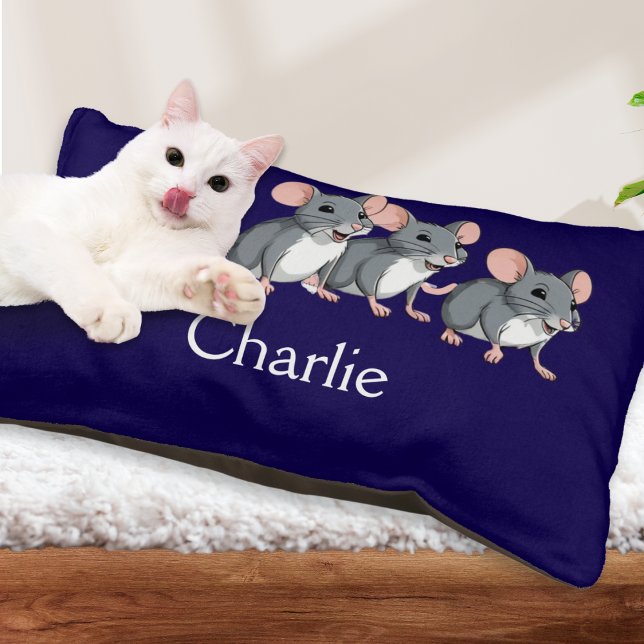 Funny Cartoon Mice Dark Blue Personalized Cat Pet Bed (A cute personalized cat bed, in dark blue with funny cartoon mice picture)