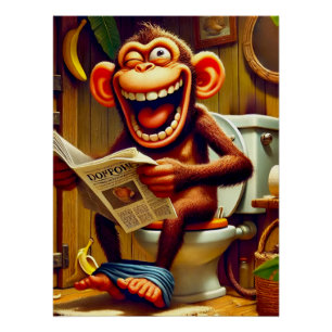 Funny Cartoon Monkey on Toilet  Poster