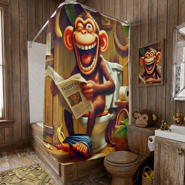 Funny Cartoon Monkey on Toilet  Shower Curtain (Creator Uploaded)