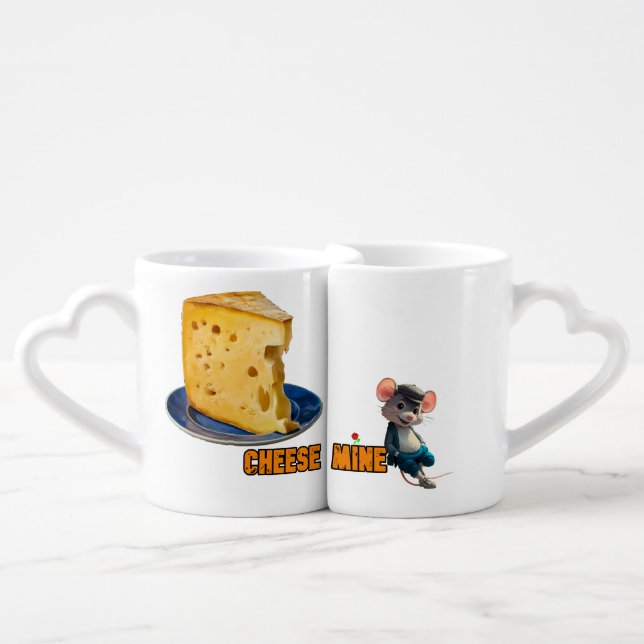 Funny Cartoon Mouse in Love with Cheese on a  Coffee Mug Set (Front Nesting)