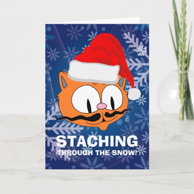 Funny Cartoon Mustache Cat Christmas Card (Front)