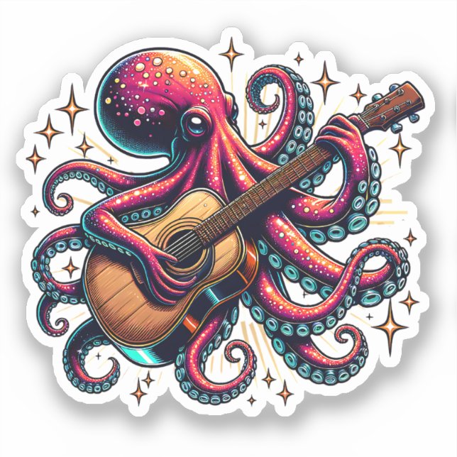 Funny Cartoon Octopus Playing Guitar Sticker (Front)
