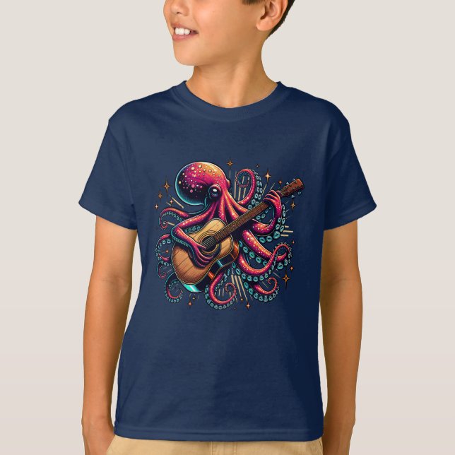 Funny Cartoon Octopus Playing Guitar T-Shirt (Front)