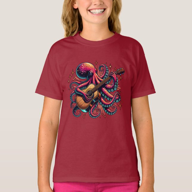 Funny Cartoon Octopus Playing Guitar T-Shirt (Front)