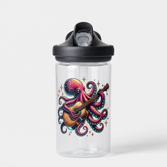 Funny Cartoon Octopus Playing Guitar Water Bottle (Front)