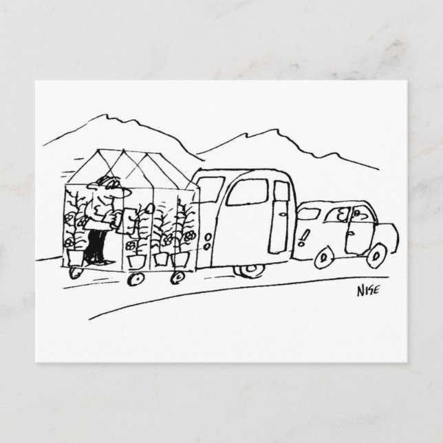Funny Cartoon of Car Towing Caravan and Greenhouse Postcard (Front)