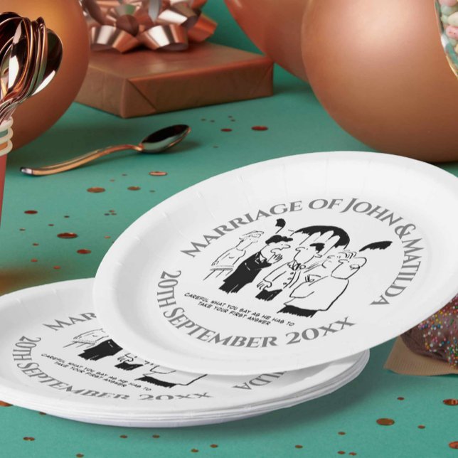Funny Cartoon on a Wedding Day Wedding Reception Paper Plates (Creator Uploaded)