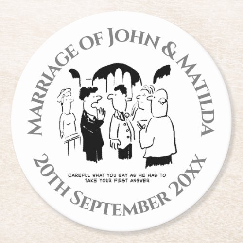 Funny Cartoon on a Wedding Day Wedding Reception Round Paper Coaster
