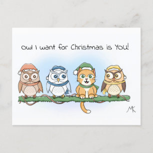 Funny Cartoon Owl I want for Christmas Holiday Postcard