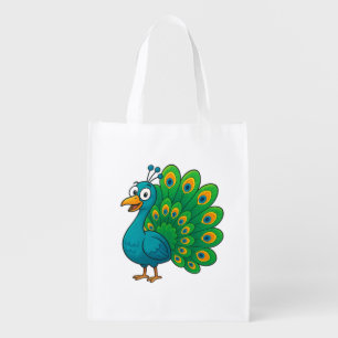 Funny Cartoon Peacock with Colorful Tail Grocery Bag