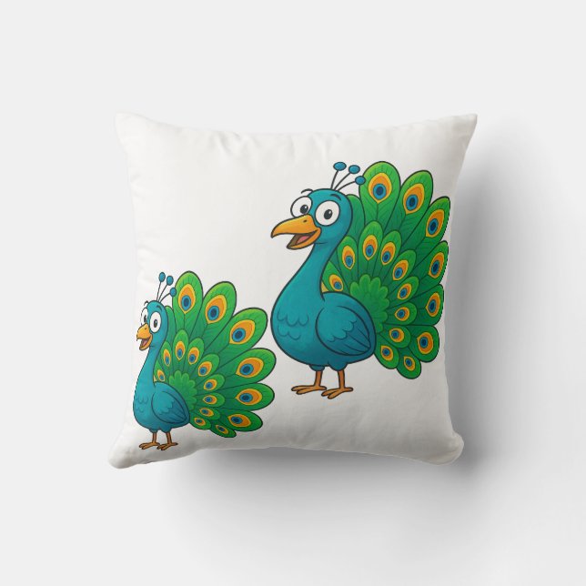 Funny Cartoon Peacock with Colorful Tail Throw Pillow (Back)