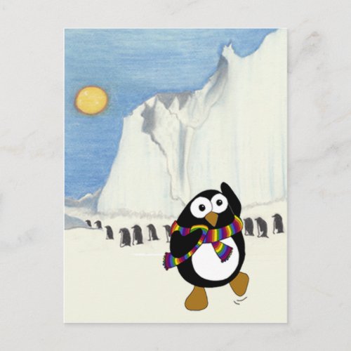 Funny cartoon penguin dancing postcard