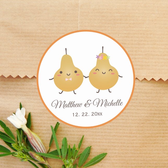 Funny Cartoon Perfect Pear Couple Wedding Favor Classic Round Sticker (Creator Uploaded)