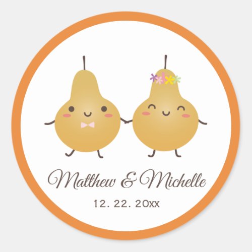 Funny Cartoon Perfect Pear Couple Wedding Favor Classic Round Sticker