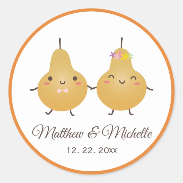 Funny Cartoon Perfect Pear Couple Wedding Favor Classic Round Sticker (Front)
