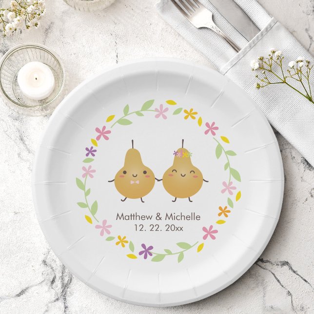 Funny Cartoon Perfect Pear Floral Wreath Wedding Paper Plates (Creator Uploaded)