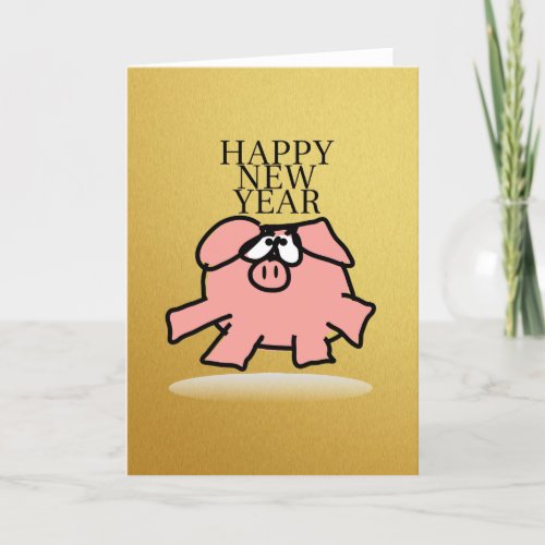Funny Cartoon Pig Year Golden Greeting Card