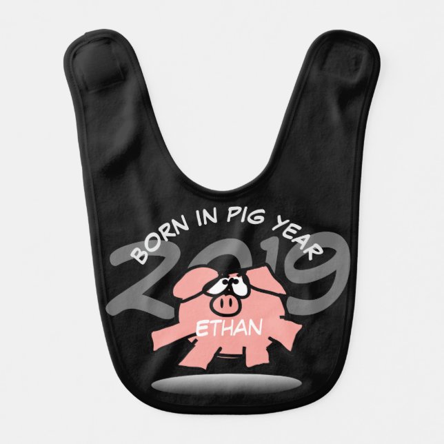 Funny Cartoon Pink Pig 2019 Personalized Baby Bib (Front)