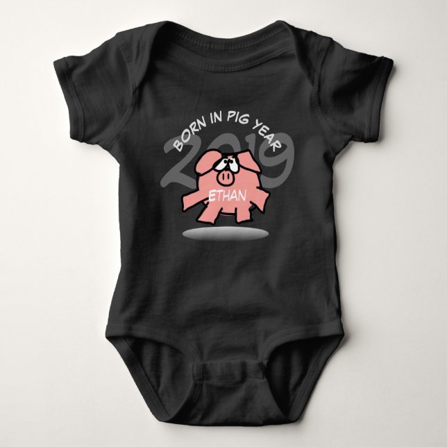 Funny Cartoon Pink Pig custom Personalized Baby B Bodysuit (Front)