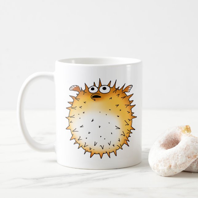 Funny Cartoon Puffer Fish Design   Coffee Mug (With Donut)