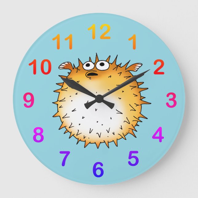 Funny Cartoon Puffer Fish Design Large Clock (Front)