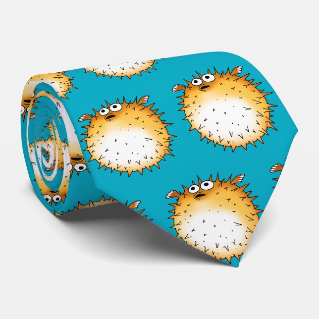 Funny Cartoon Puffer Fish Design Neck Tie (Rolled)