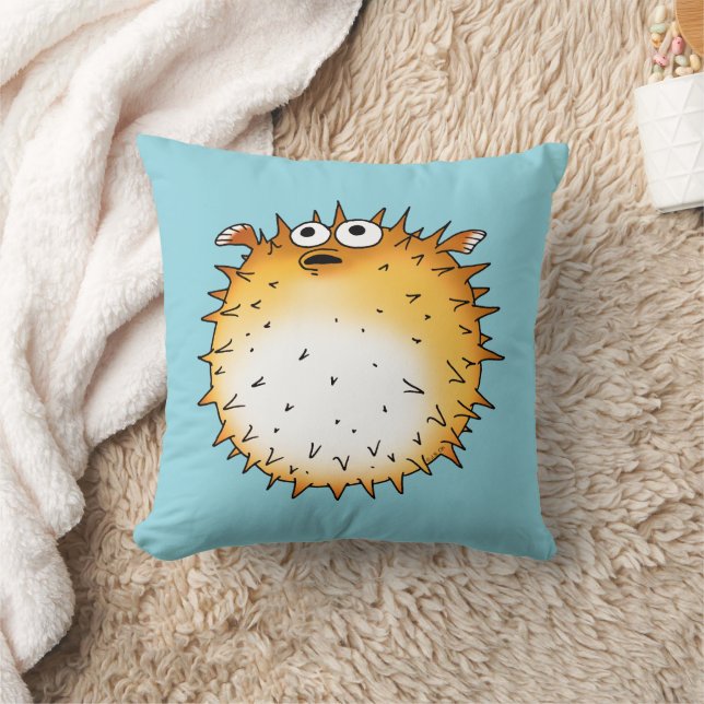 Funny Cartoon Puffer Fish Design Throw Pillow (Blanket)
