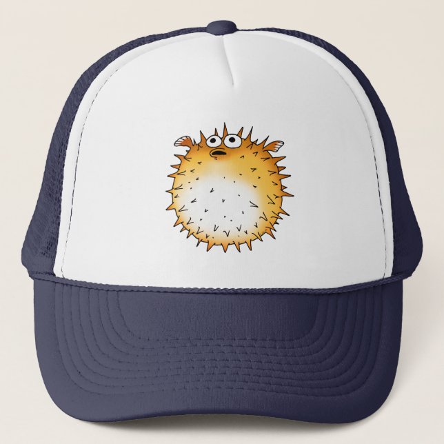 Funny Cartoon Puffer Fish Design Trucker Hat (Front)