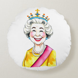 Funny Cartoon Queen Elizabeth II Royal Portrait Round Pillow