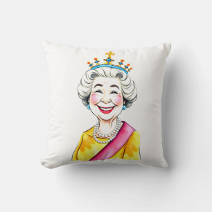 Funny Cartoon Queen Elizabeth II Royal Portrait Throw Pillow