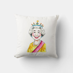 Funny Cartoon Queen Elizabeth II Royal Portrait Throw Pillow