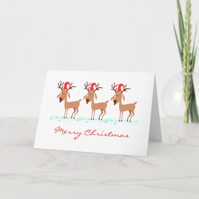 Funny Cartoon Reindeer Deer Christmas Santa Hat Card (Front)