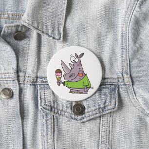 Funny Cartoon Rhino Eating Ice Cream Cute Animal Button