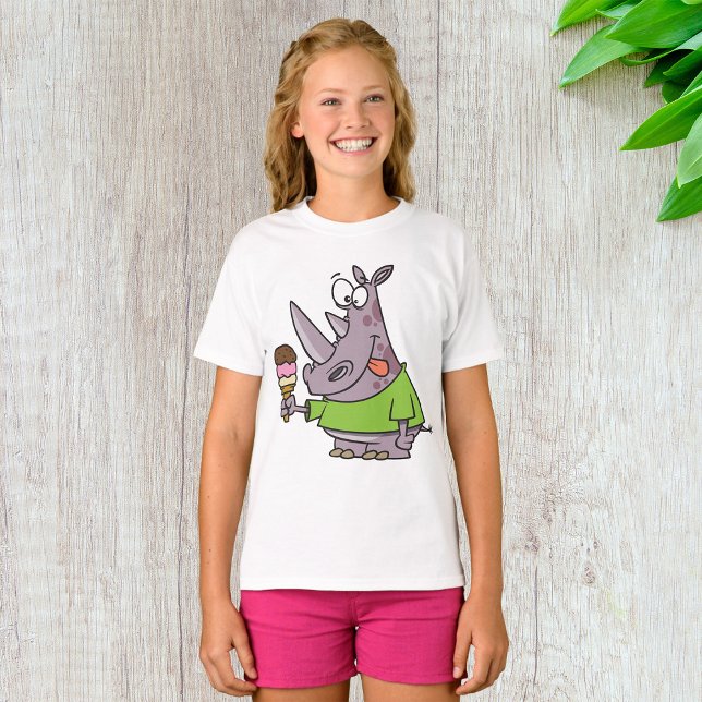 Funny Cartoon Rhino Eating Ice Cream Cute Animal  T-Shirt (Creator Uploaded)