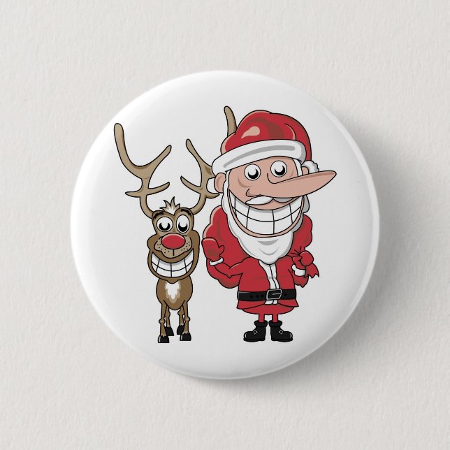 Funny Cartoon Santa and Rudolph Button (Front)
